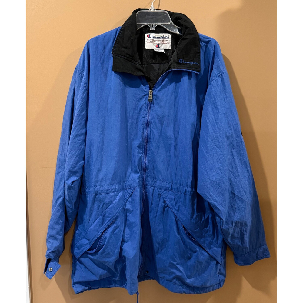 Vintage Champion Jacket Hoodie Windbreaker Large Blue Y2K Zip Pockets Mesh Lined